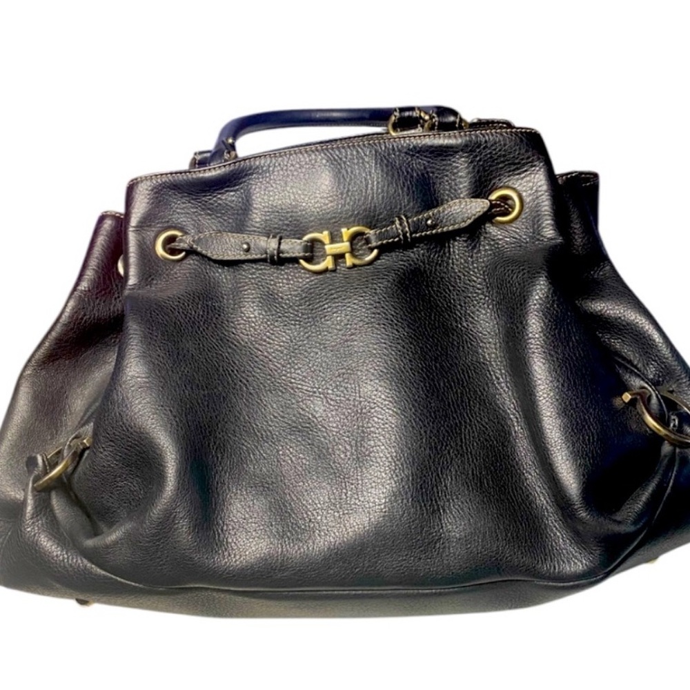 Salvatore Ferragamo Black Pebbled Leather Shoulder Bag with Gold Hardware - Picture 3 of 14
